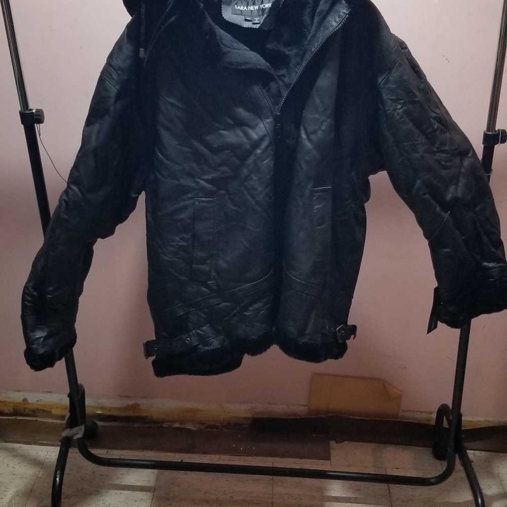 SARA NEW YORK BLACK LEATHER COAT,3XL HOODED